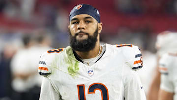 Nov 3, 2024; Glendale, Arizona, USA; Chicago Bears wide receiver Keenan Allen (13) against the Arizona Cardinals at State Farm Stadium. Mandatory Credit: Mark J. Rebilas-Imagn Images