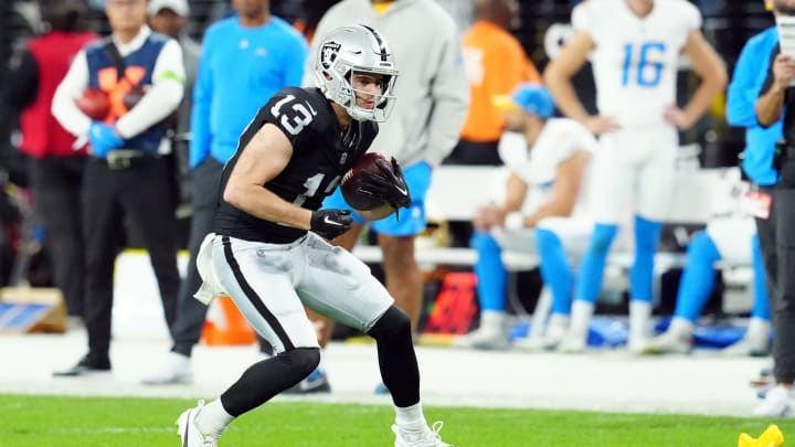 Dec 14, 2023; Paradise, Nevada, USA; Las Vegas Raiders wide receiver Hunter Renfrow (13) runs against the Los Angeles Chargers in the first quarter at Allegiant Stadium. Mandatory Credit: Stephen R. Sylvanie-USA TODAY Sports