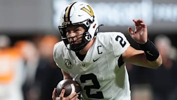 Vanderbilt quarterback Diego Pavia (2) moves the ball during the NCAA college football game against Tennessee on Nov. 29, 2025, in Knoxville, Tennessee.