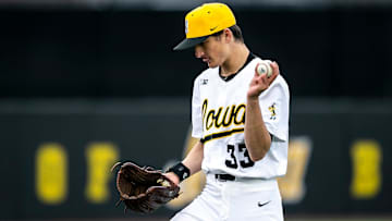 Iowa pitcher Cade Obermueller (33) tosses the ball into his glove during a NCAA baseball game against Loras College, Tuesday, Feb. 28, 2023, at Duane Banks Field in Iowa City, Iowa.

230228 Loras Iowa Bsb 061 Jpg