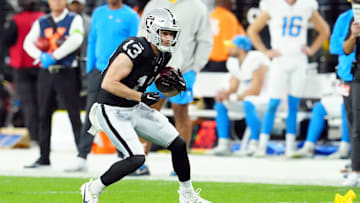 Dec 14, 2023; Paradise, Nevada, USA; Las Vegas Raiders wide receiver Hunter Renfrow (13) runs against the Los Angeles Chargers in the first quarter at Allegiant Stadium. Mandatory Credit: Stephen R. Sylvanie-Imagn Images