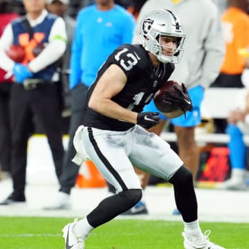 Dec 14, 2023; Paradise, Nevada, USA; Las Vegas Raiders wide receiver Hunter Renfrow (13) runs against the Los Angeles Chargers in the first quarter at Allegiant Stadium. Mandatory Credit: Stephen R. Sylvanie-USA TODAY Sports