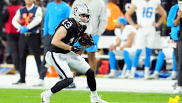 Dec 14, 2023; Paradise, Nevada, USA; Las Vegas Raiders wide receiver Hunter Renfrow (13) runs against the Los Angeles Chargers in the first quarter at Allegiant Stadium. Mandatory Credit: Stephen R. Sylvanie-Imagn Images