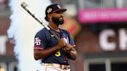  American League infielder Junior Caminero (13) of the Tampa Bay Rays during the 2025 Home Run Derby at Truist Park. 