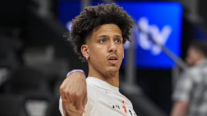 Apr 10, 2026; Atlanta, Georgia, USA; Atlanta Hawks forward Jalen Johnson (1) warms up on the court prior to the game against the Cleveland Cavaliers at State Farm Arena. Mandatory Credit: Dale Zanine-Imagn Images