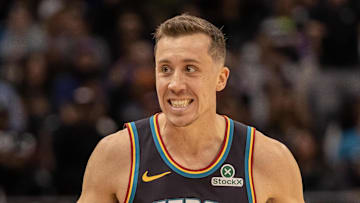 Nov 12, 2025; Detroit, Michigan, USA; Detroit Pistons forward Duncan Robinson (55) runs up court after shooting a three point basket against the Chicago Bulls during the second half at Little Caesars Arena. Mandatory Credit: David Reginek-Imagn Images