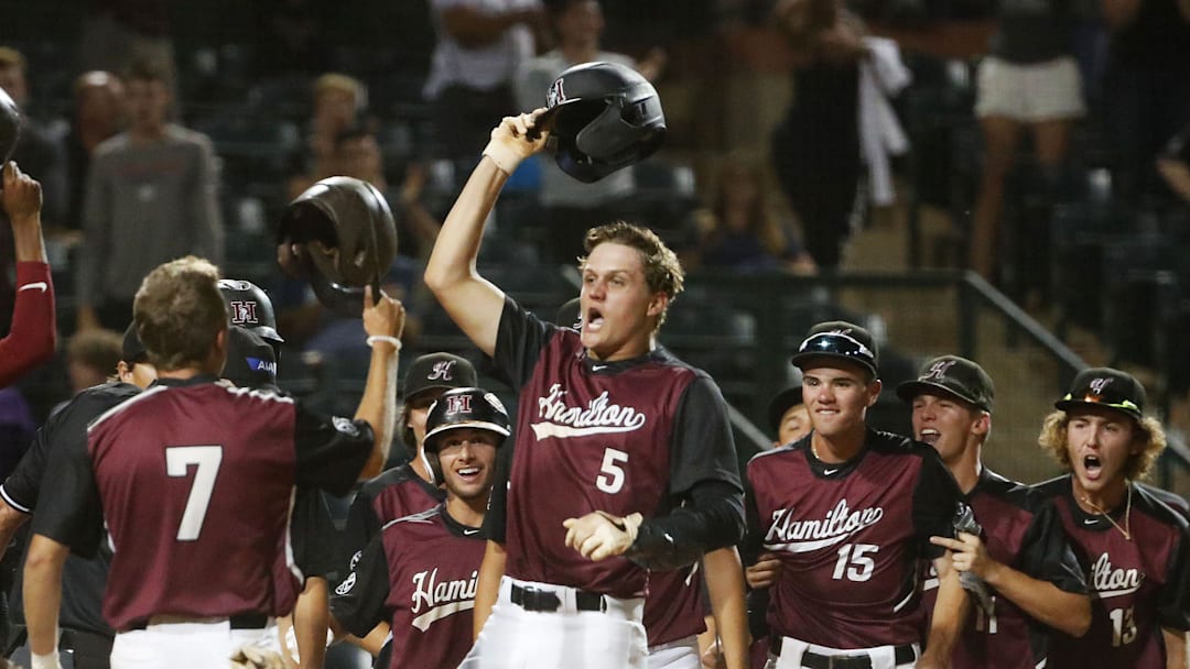 Hamilton DH Brock Selvidge (5) celebrates his three-run home run against Corona del Sol during the 6A State Baseball Championship in Tempe, Ariz. May 14, 2019.
6a State Baseball Championship Hamilton DH Brock Selvidge (5) celebrates his three-run home run against Corona del Sol during the 6A State Baseball Championship in Tempe, Ariz. May 14, 2019.
6a State Baseball Championship