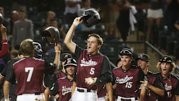 Hamilton DH Brock Selvidge (5) celebrates his three-run home run against Corona del Sol during the 6A State Baseball Championship in Tempe, Ariz. May 14, 2019.

6a State Baseball Championship