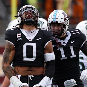Nov 1, 2025; Minneapolis, Minnesota, USA; Minnesota Golden Gophers defensive lineman Anthony Smith (0) celebrates during the first half against the Michigan State Spartans at Huntington Bank Stadium. Mandatory Credit: Matt Krohn-Imagn Images