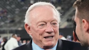 Sep 26, 2024; East Rutherford, New Jersey, USA;  Cowboys owner Jerry Jones pre game against the Giants at MetLife Stadium. Mandatory Credit: Robert Deutsch-Imagn Images