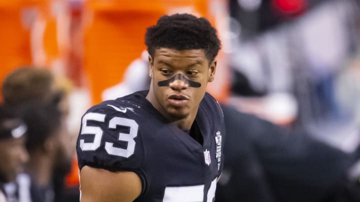 Nov 22, 2020; Paradise, Nevada, USA; Las Vegas Raiders linebacker Javin White (53) against the Kansas City Chiefs at Allegiant Stadium. Mandatory Credit: Mark J. Rebilas-USA TODAY Sports