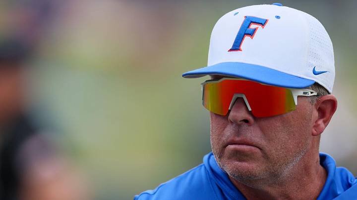Florida head coach Kevin O'Sullivan watches warm ups before the 2026 NCAA Baseball Championship Gainesville Regional championship baseball game at Condron Family Ballpark in Gainesville, FL on Monday, June 1, 2026. Troy beat Florida Sunday they played a winner take all game Monday. [Alan Youngblood/Gainesville Sun]