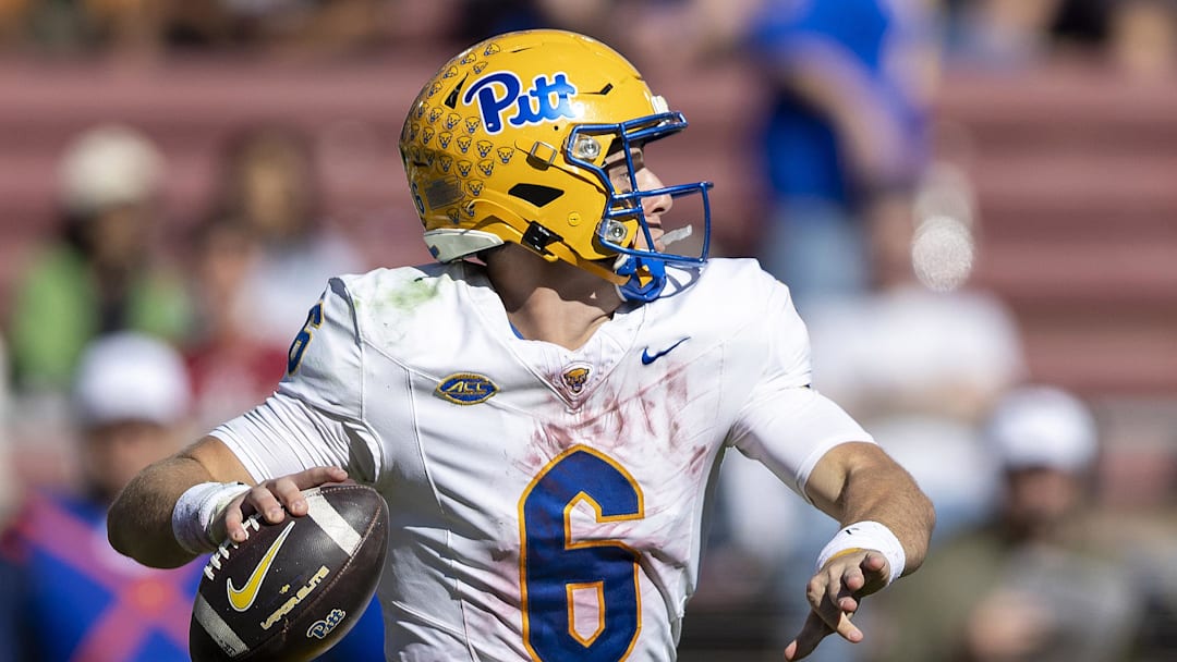Pittsburgh Panthers quarterback Mason Heintschel (6) passes against the Stanford Cardinal during the second quarter at Stanford Stadium. Credit: John Hefti-Imagn Images