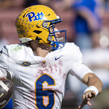 Pittsburgh Panthers quarterback Mason Heintschel (6) passes against the Stanford Cardinal during the second quarter at Stanford Stadium. Credit: John Hefti-Imagn Images