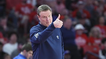 Mar 3, 2025; Houston, Texas, USA; Kansas Jayhawks head coach Bill Self gives a thumbs up during the first half against the Houston Cougars at Fertitta Center. Mandatory Credit: Troy Taormina-Imagn Images