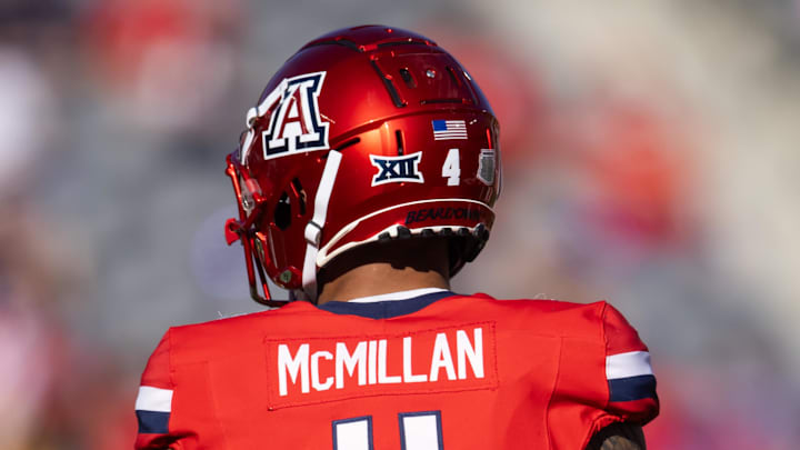 Nov 30, 2024; Tucson, Arizona, USA; Detailed view of the jersey of Arizona Wildcats wide receiver Tetairoa McMillan (4) against the Arizona State Sun Devils during the Territorial Cup at Arizona Stadium. Mandatory Credit: Mark J. Rebilas-Imagn Images Nov 30, 2024; Tucson, Arizona, USA; Detailed view of the jersey of Arizona Wildcats wide receiver Tetairoa McMillan (4) against the Arizona State Sun Devils during the Territorial Cup at Arizona Stadium. Mandatory Credit: Mark J. Rebilas-Imagn Images