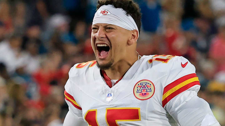 Kansas City Chiefs quarterback Patrick Mahomes (15) gets the crowd hyped before an NFL football matchup at EverBank Stadium, Monday, Oct. 6, 2025, in Jacksonville, Fla. The Jacksonville Jaguars edged the Kansas City Chiefs 31-28. 