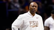 Nov 17, 2023; Gainesville, Florida, USA; Florida State Seminoles head coach Leonard Hamilton looks on during the first half against the Florida Gators at Exactech Arena at the Stephen C. O'Connell Center. Mandatory Credit: Matt Pendleton-Imagn Images