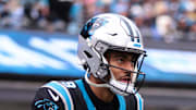 Carolina Panthers quarterback Bryce Young looks on during the first quarter against the Los Angeles Rams.