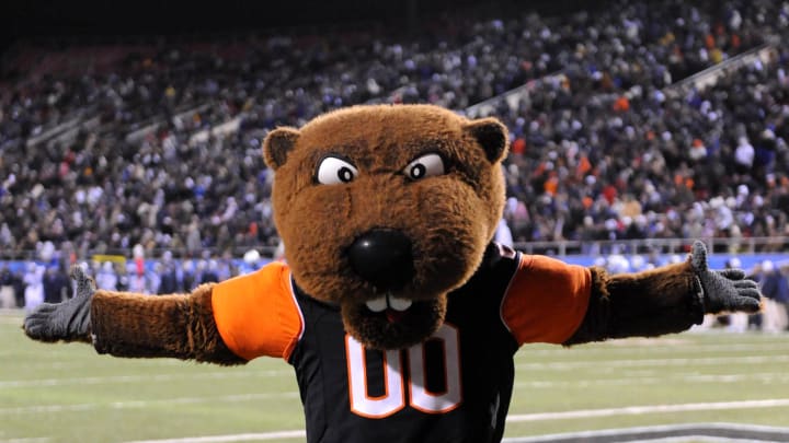 Dec 22, 2009; Las Vegas, NV, USA; Oregon State Beavers mascot Benny poses during the 2009 Las Vegas Bowl against the BYU Cougars at Sam Boyd Stadium. Mandatory Credit: Kirby Lee/Image of Sport-USA TODAY Sports