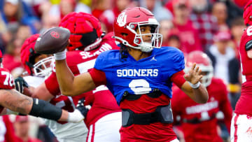 Apr 20, 2024; Norman, OK, USA; Oklahoma Sooners quarterback Michael Hawkins Jr. (9) throws during the Oklahoma Sooners spring game at Gaylord Family OK Memorial Stadium. Mandatory Credit: Kevin Jairaj-USA TODAY Sports