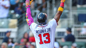 Sep 28, 2025; Cumberland, Georgia, USA; Atlanta Braves outfielder Ronald Acuna Jr. (13) celebrates after hitting a home run against the Pittsburgh Pirates during the first inning at Truist Park. Mandatory Credit: Jordan Godfree-Imagn Images