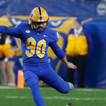 Nov 16, 2023; Pittsburgh, Pennsylvania, USA;  Pittsburgh Panthers place kicker Ben Sauls (90) kicks off to the Boston College Eagles during the second quarter at Acrisure Stadium. Mandatory Credit: Charles LeClaire-Imagn Images