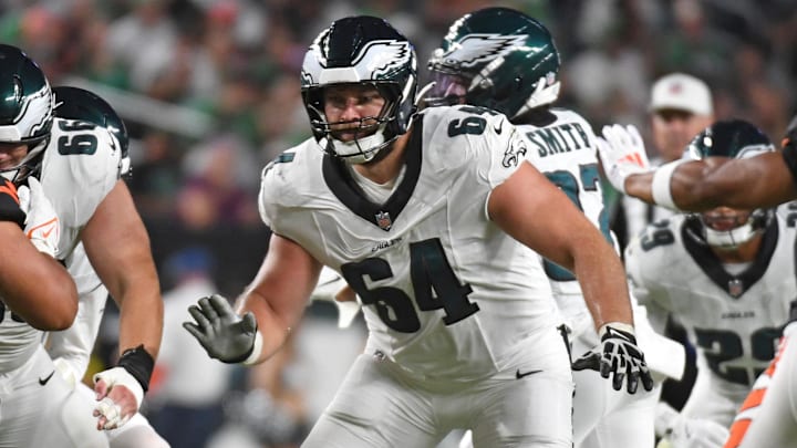Aug 7, 2025; Philadelphia, Pennsylvania, USA; Philadelphia Eagles offensive tackle Brett Toth (64) blocks against the Cincinnati Bengals at Lincoln Financial Field. Mandatory Credit: Eric Hartline-Imagn Images