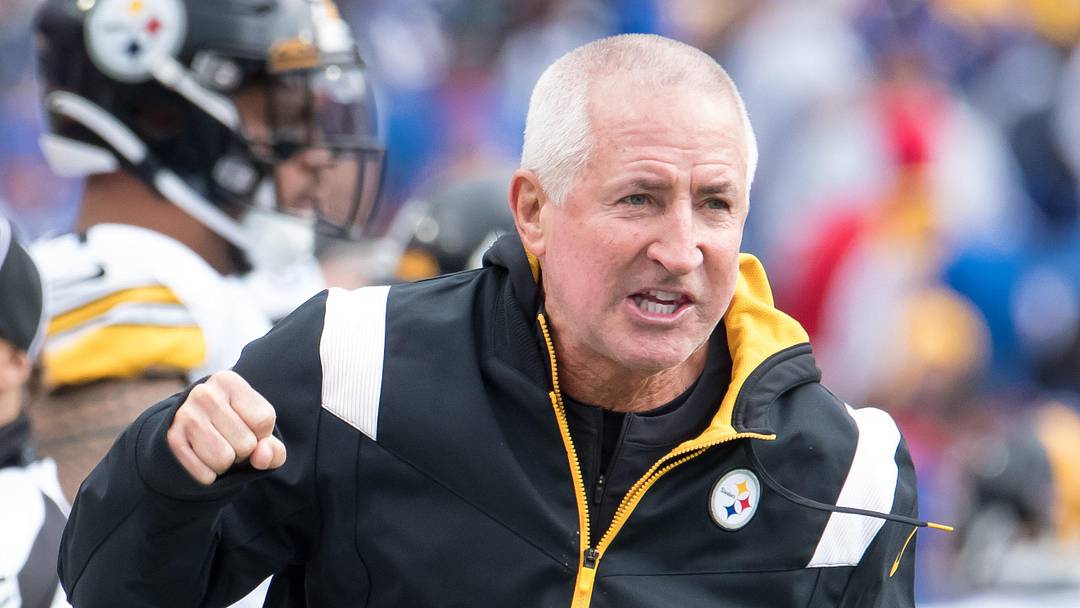 Oct 9, 2022; Orchard Park, New York, USA; Pittsburgh Steelers specials teams coordinator Danny Smith reacts to a play against the Buffalo Bills in the first quarter at Highmark Stadium. Mandatory Credit: Mark Konezny-Imagn Images