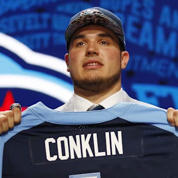 Apr 28, 2016; Chicago, IL, USA; Jack Conklin (Michigan State) is selected by the Tennessee Titans as the number eight overall pick in the first round of the 2016 NFL Draft at Auditorium Theatre. Mandatory Credit: Kamil Krzaczynski-Imagn Images