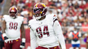 Sep 29, 2024; Glendale, Arizona, USA; Washington Commanders defensive tackle Daron Payne (94) against the Arizona Cardinals at State Farm Stadium. Mandatory Credit: Mark J. Rebilas-Imagn Images