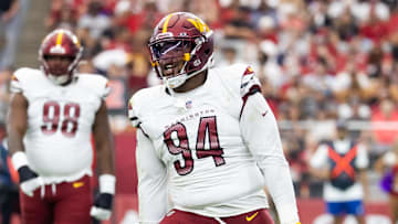 Sep 29, 2024; Glendale, Arizona, USA; Washington Commanders defensive tackle Daron Payne (94) against the Arizona Cardinals at State Farm Stadium. Mandatory Credit: Mark J. Rebilas-Imagn Images
