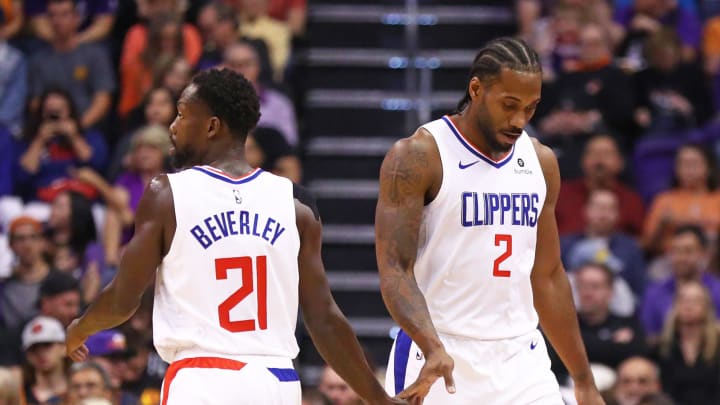 Oct 26, 2019; Phoenix, AZ, USA; Los Angeles Clippers forward Kawhi Leonard (2) and guard Patrick Beverley (21) against the Phoenix Suns at Talking Stick Resort Arena. Mandatory Credit: Mark J. Rebilas-USA TODAY Sports