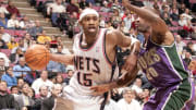 Jan 19, 2005; East Rutherford, NJ, USA; New Jersey Nets forward Vince Carter (15) with the ball up