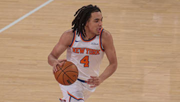 Oct 13, 2025; New York, New York, USA; New York Knicks forward Pacome Dadiet (4) dribbles up court against the Washington Wizards during the first quarter at Madison Square Garden. Mandatory Credit: Vincent Carchietta-Imagn Images