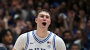 Dec 4, 2024; Durham, North Carolina, USA; Duke Blue Devils forward Cooper Flagg (2) reacts at the end of a game against the Auburn Tigers at Cameron Indoor Stadium.  The Blue Devils won 84-78.   Mandatory Credit: Rob Kinnan-Imagn Images