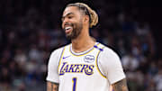 Dec 21, 2024; Sacramento, California, USA; Los Angeles Lakers guard D'Angelo Russell (1) smiles during a time out in the second quarter of the game against the Sacramento Kings at Golden 1 Center. Mandatory Credit: Ed Szczepanski-Imagn Images
