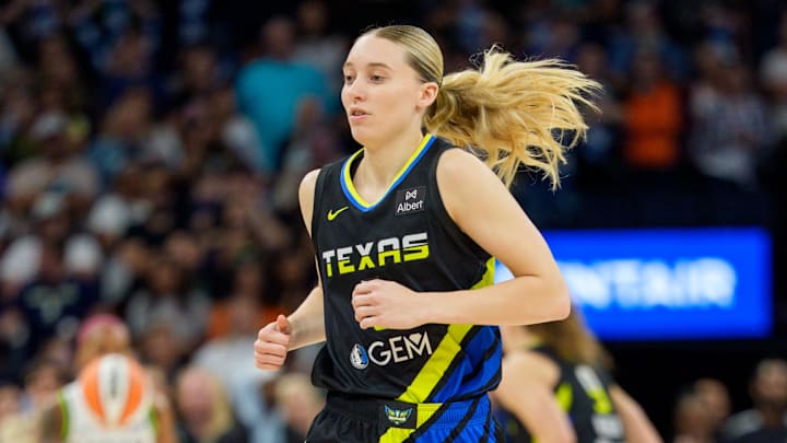 Sep 1, 2025; Minneapolis, Minnesota, USA; Dallas Wings guard Paige Bueckers (5) in action against Minnesota Lynx in the first quarter at Target Center. Mandatory Credit: Matt Blewett-Imagn Images