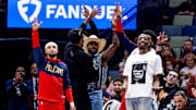Apr 11, 2025; New Orleans, Louisiana, USA;  New Orleans Pelicans bench reacts to a play against the Miami Heat during the first half at Smoothie King Center. Mandatory Credit: Stephen Lew-Imagn Images