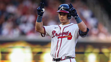 May 14, 2025; Atlanta, Georgia, USA; Atlanta Braves right fielder Stuart Fairchild (17) celebrates after an RBI double against the Washington Nationals in the third inning at Truist Park. Mandatory Credit: Brett Davis-Imagn Images