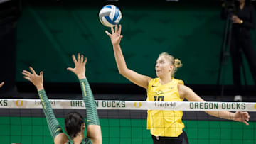 Oregon outside hitter Maria Tabacuks hits during an Oregon volleyball scrimmage at Matthew Knight Arena on Aug. 8, 2025, in Eugene, Oregon.