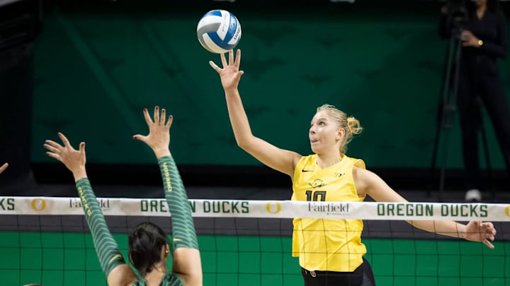 Oregon outside hitter Maria Tabacuks hits during an Oregon volleyball scrimmage at Matthew Knight Arena on Aug. 8, 2025, in Eugene, Oregon.