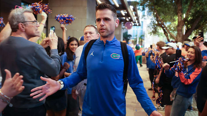 Florida head coach Todd Golden greets fans before the NCAA March Madness opening round at JW Marriott in Tampa, FL on Friday, March 20, 2026. Several hundred people cheered Florida as they left to board the bus for to go to the arena. [Alan Youngblood/Gainesville Sun]