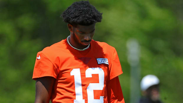Cleveland Browns quarterback Shedeur Sanders (12) walks off the field during day two of NFL rookie minicamp at the Cleveland