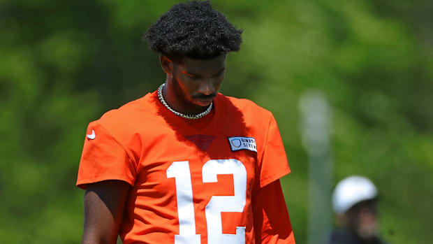 Cleveland Browns quarterback Shedeur Sanders (12) walks off the field during day two of NFL rookie minicamp at the Cleveland