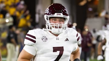 Sep 7, 2024; Tempe, Arizona, USA; Mississippi State Bulldogs linebacker Stone Blanton (7) against the Arizona State Sun Devils at Mountain America Stadium. Mandatory Credit: Mark J. Rebilas-Imagn Images