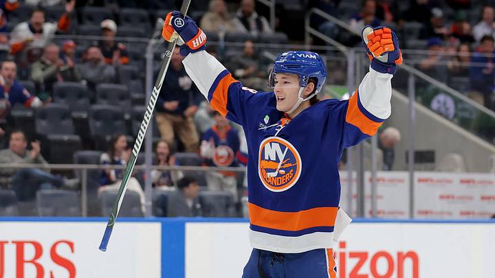 Mar 24, 2026; Elmont, New York, USA; New York Islanders defenseman Matthew Schaefer (48) celebrates a goal against the Chicago Blackhawks by left wing Anders Lee (not pictured) during the first period at UBS Arena. Mandatory Credit: Brad Penner-Imagn Images Mar 24, 2026; Elmont, New York, USA; New York Islanders defenseman Matthew Schaefer (48) celebrates a goal against the Chicago Blackhawks by left wing Anders Lee (not pictured) during the first period at UBS Arena. Mandatory Credit: Brad Penner-Imagn Images