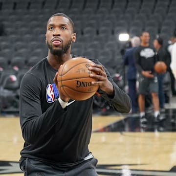 Feb 26, 2020; San Antonio, Texas, USA;  Dallas Mavericks forward Michael Kidd-Gilchrist (9) warms up before the game against the San Antonio Spurs at the AT&T Center. Mandatory Credit: Daniel Dunn-Imagn Images