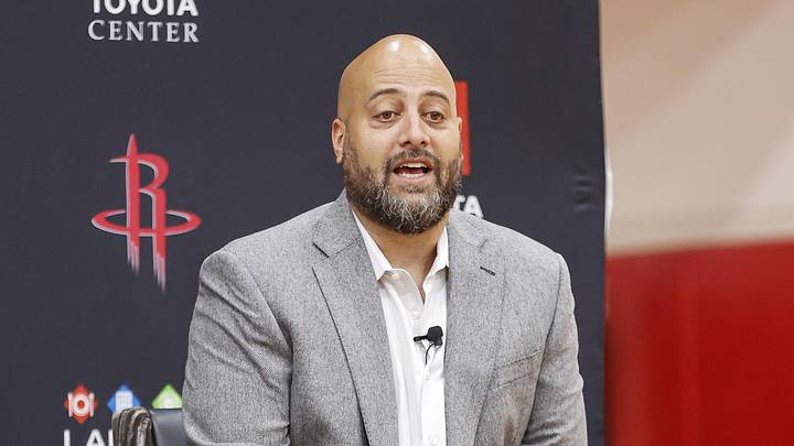 Jun 24, 2022; Houston, Texas, USA; Houston Rockets first round draft pick Jabari Smith Jr. reacts as general manager Rafael Stone talks during a press conference at Toyota Center. Mandatory Credit: Troy Taormina-Imagn Images