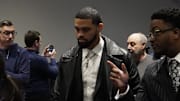 Jan 22, 2025; Lake Forest, IL, USA; Chicago Bears quarterback Caleb Williams arrives at a press conference introducing new head coach Ben Johnson at PNC Center. Mandatory Credit: David Banks-Imagn Images